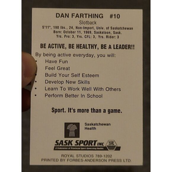 VTG Retro 1990's  Saskatchewan Roughriders Dan Farthing #10 AUTOGRAPHED Card - Picture 2 of 3